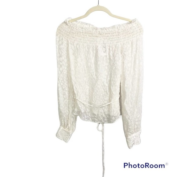 L’AGENCE white sheer and velvet cheetah print long sleeve off shoulder blouse - Picture 1 of 4